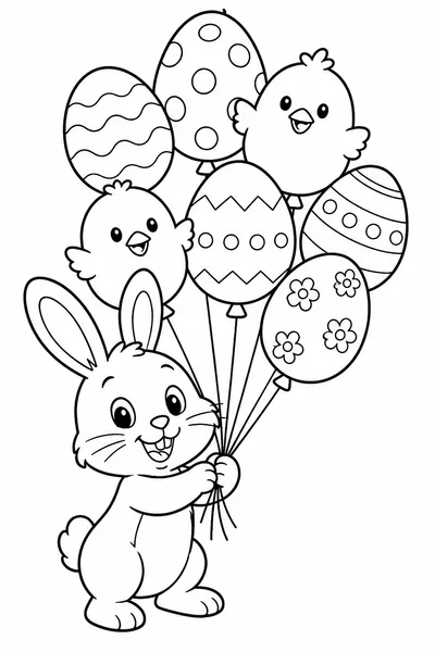 Kids Easter Coloring Pages – Cheerful Bunny Holding Egg and Chick Balloons