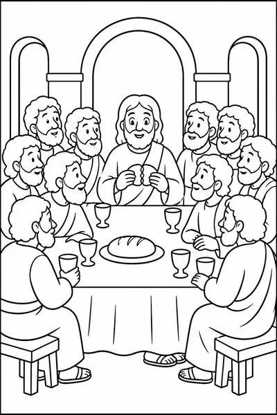 Easter Bible Coloring Pages – Simple Scene of Jesus and Disciples at the Last Supper