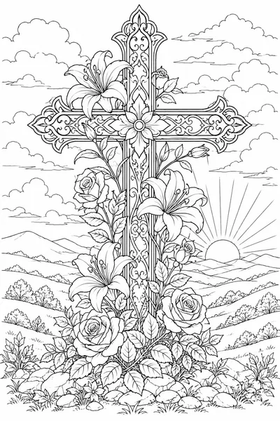 Easter Cross Coloring Pages – Ornate Cross with Lilies and Roses at Dawn