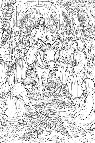 Bible Coloring Pages for Easter – Child Placing a Palm Branch as a Donkey Walks Through a Crowd