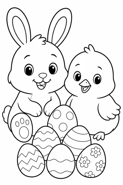 Easter Printing Coloring Pages – Bunny and Chick with Stacked Eggs