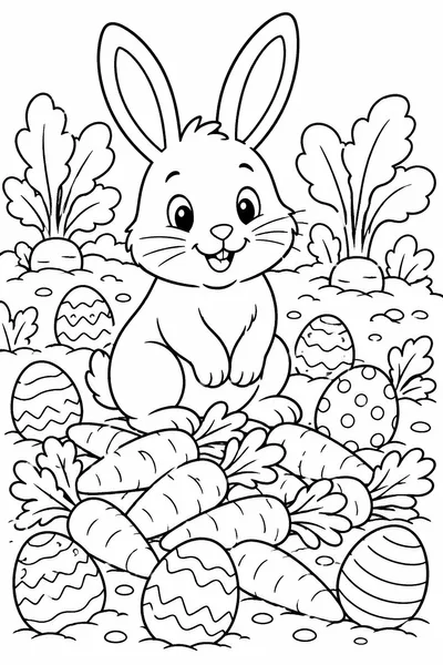 Easter Rabbit Color Page – Rabbit Among Easter Eggs and Carrots in a Garden