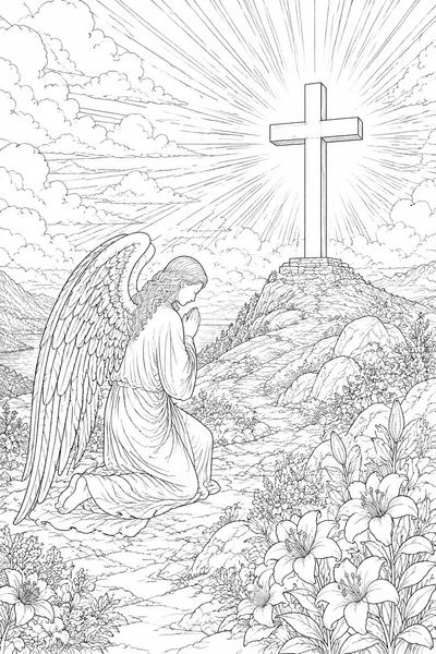 Religious Free Printable Religious Easter Coloring Pages – Angel Kneeling Before a Radiant Cross