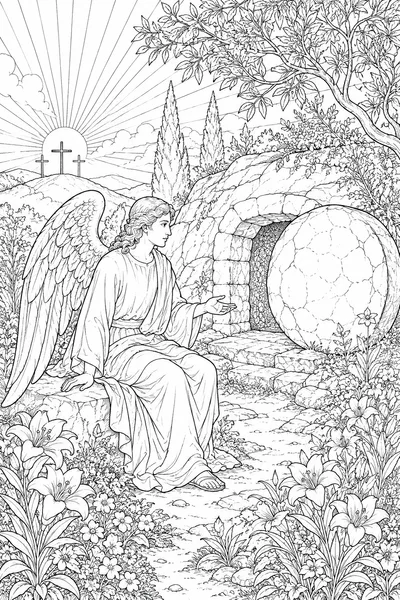 LDS Easter Coloring Pages – Angel Beside a Rolled-Away Stone at a Garden Tomb at Dawn
