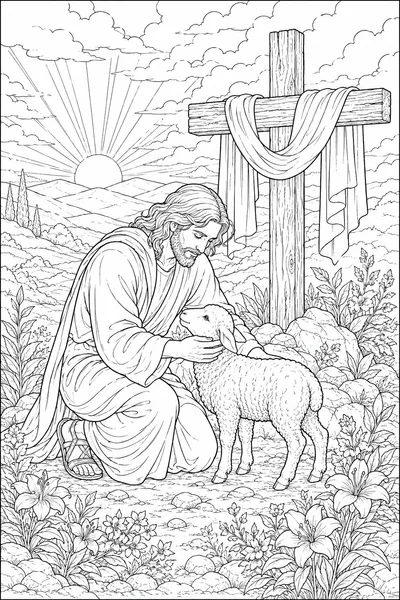 Shepherd and Lamb at the Cross Coloring Page