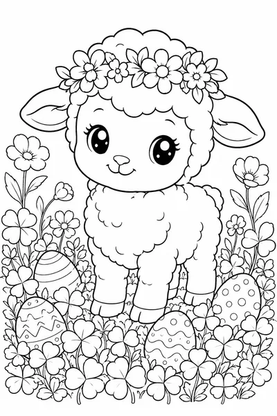 Spring Lamb with Flower Crown and Easter Eggs Coloring Page