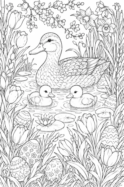 Spring Pond Duck Family Coloring Page