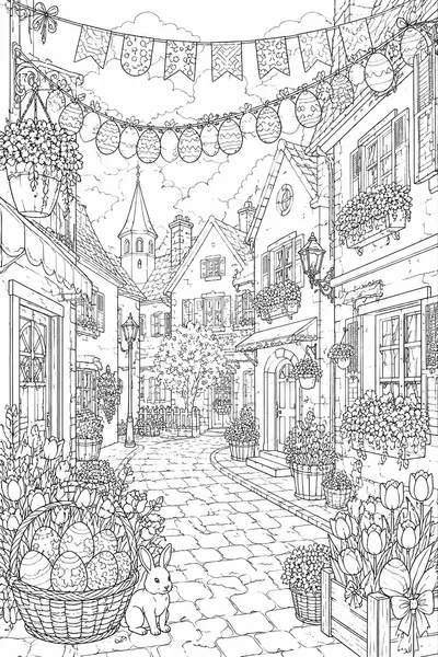 Spring Village Easter Scene Coloring Page