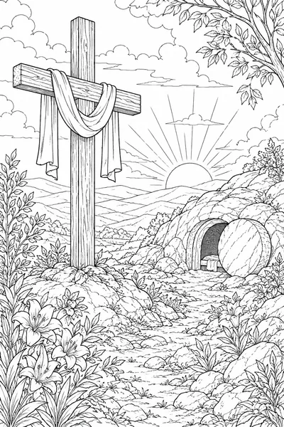 Easter Sunday Coloring Pages – Empty Cross on a Hill at Sunrise with an Open Tomb