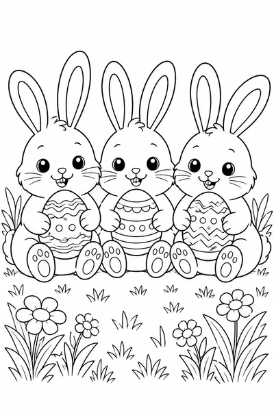 Color Pages of Easter Bunnies – Three Plump Bunnies Sitting in a Row with Painted Eggs