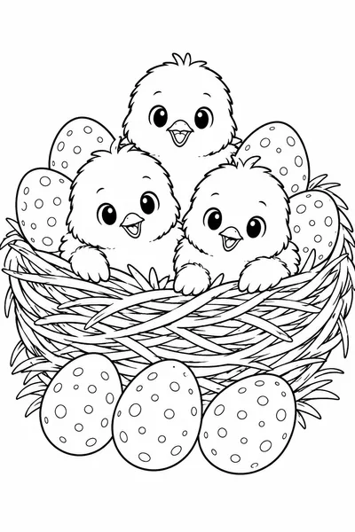 Coloring Pages for Easter Chicks – Three Fluffy Chicks Peeking from a Nest