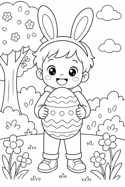 Children's Easter Coloring Pages – Small Child in Bunny Ears Holding a Large Easter Egg