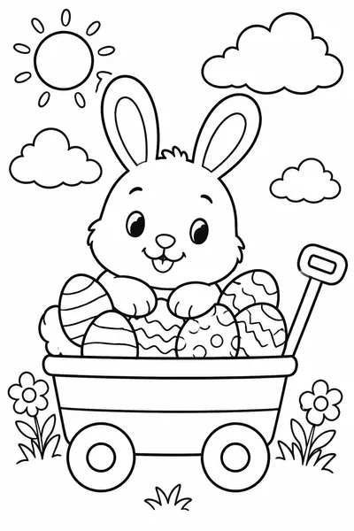 Preschool Easter Coloring Pages – Cartoon Bunny in a Wagon with Easter Eggs
