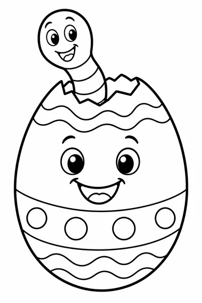 Easter Coloring Pages for Toddlers – Smiling Cartoon Egg with a Friendly Worm Popping Out