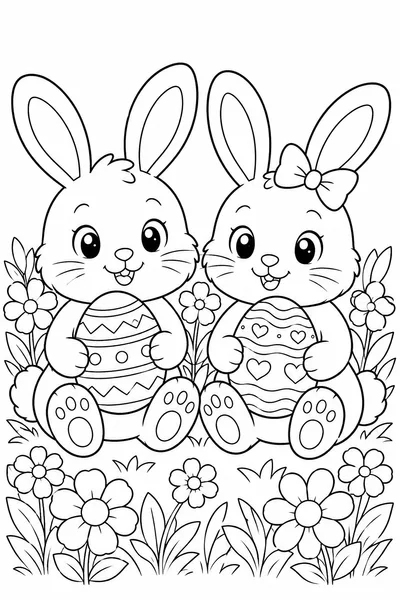 Easter Bunnies Coloring Pages – Two Bunnies Holding Decorated Eggs in a Flower Patch