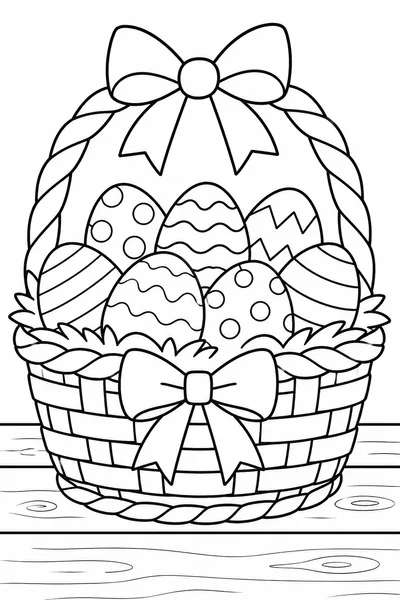 Coloring Pages of Easter Baskets – Wicker Basket with Eggs and Bow