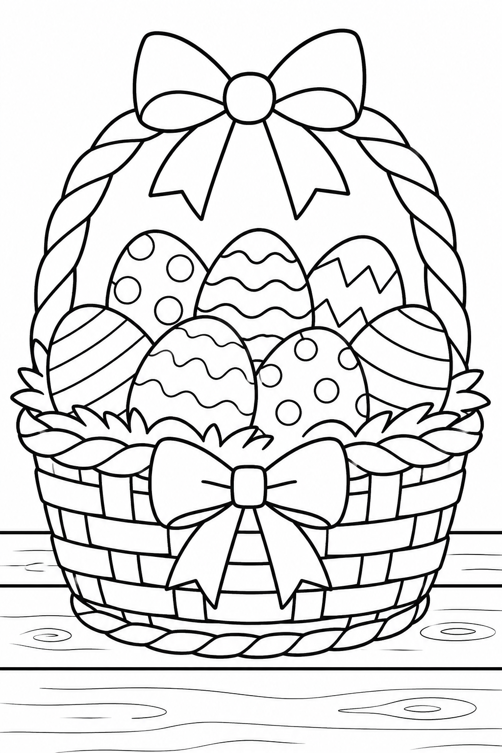 Coloring Pages of Easter Baskets – Wicker Basket with Eggs and Bow