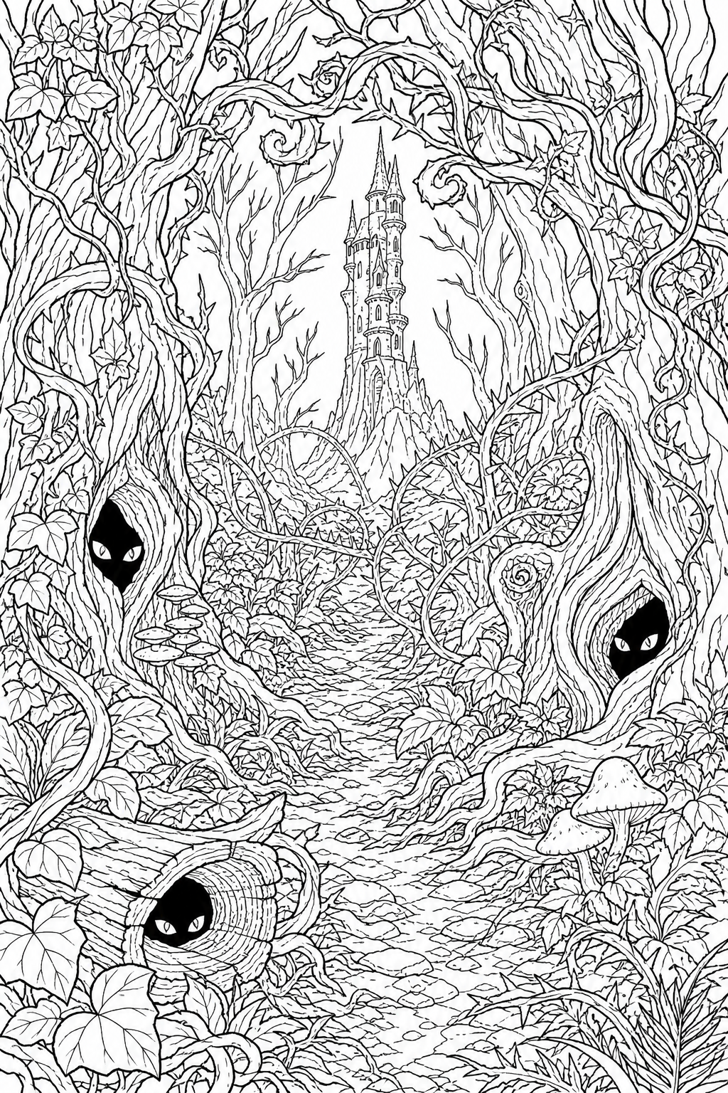Free Halloween Coloring Pages for Adults – Intricate Dark Forest with Glowing Eyes and Distant Tower