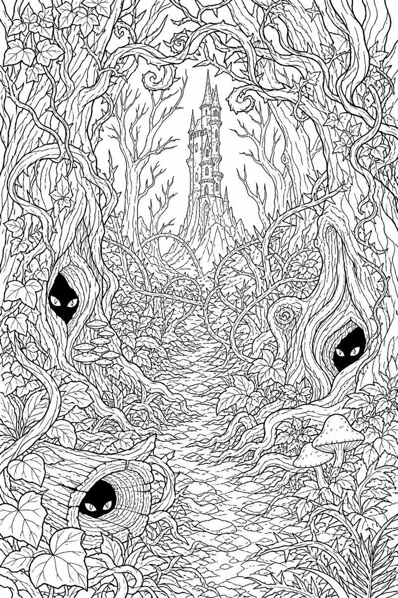 Free Halloween Coloring Pages for Adults – Intricate Dark Forest with Glowing Eyes and Distant Tower