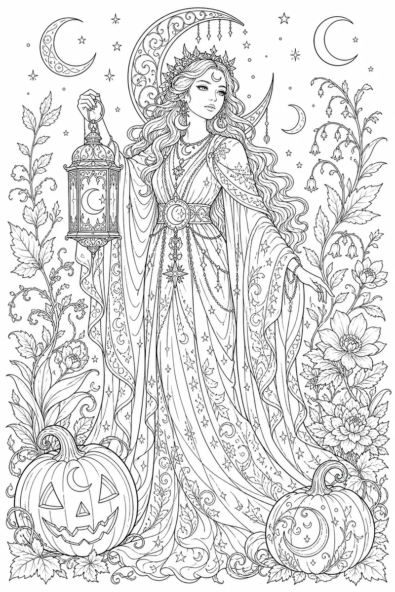 Halloween Coloring Pages for Adults Printable – Moon Goddess with Lantern and Botanicals