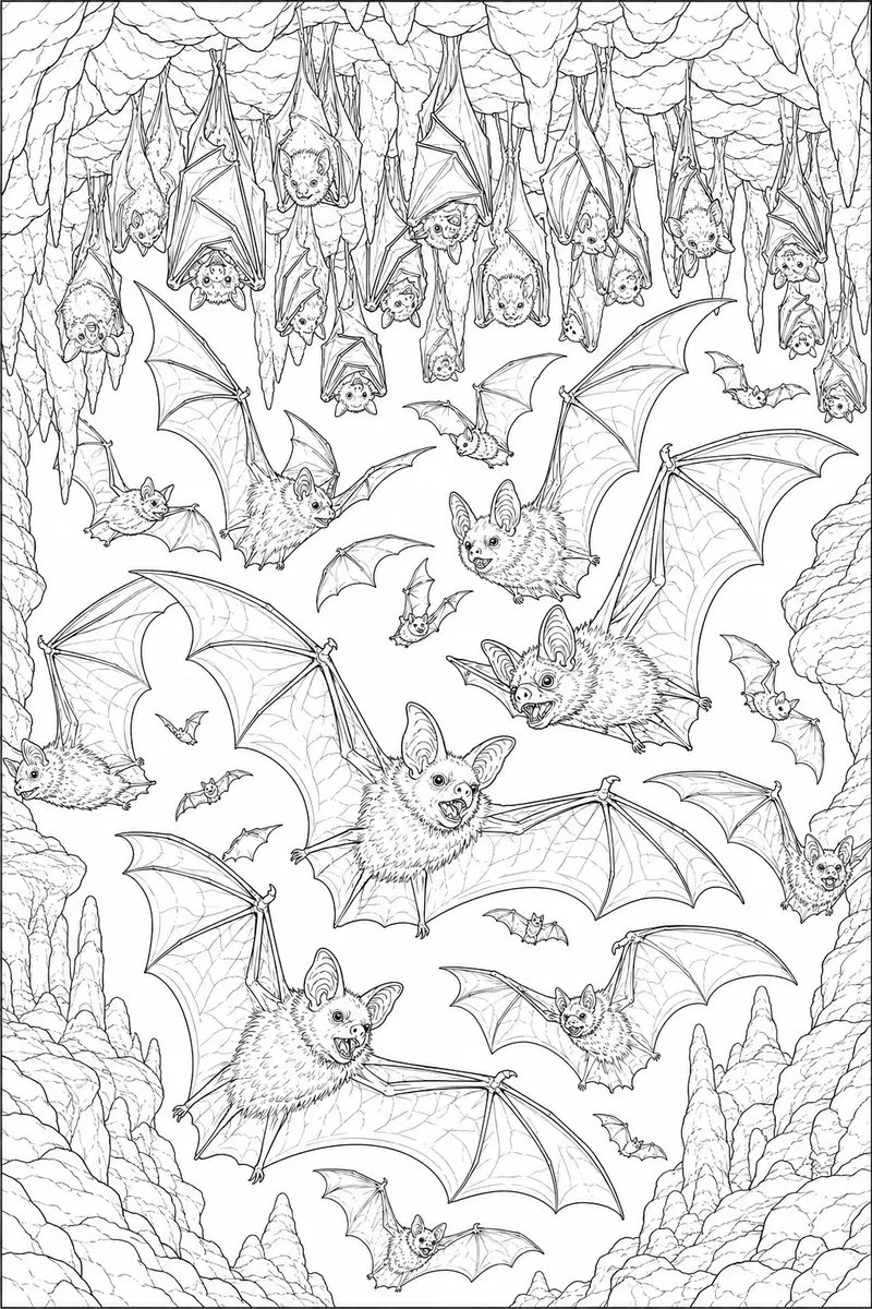 Coloring Pages of Halloween Bats – Detailed Bat Colony Swooping in a Cave