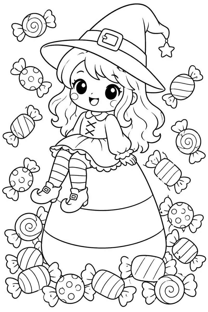 Halloween Candy Color Pages – Cute Witch on a Giant Candy Corn