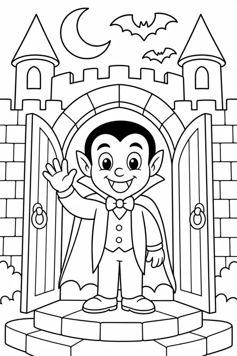 Cartoon Halloween Coloring Pages – Big-Eyed Dracula Waving from His Castle