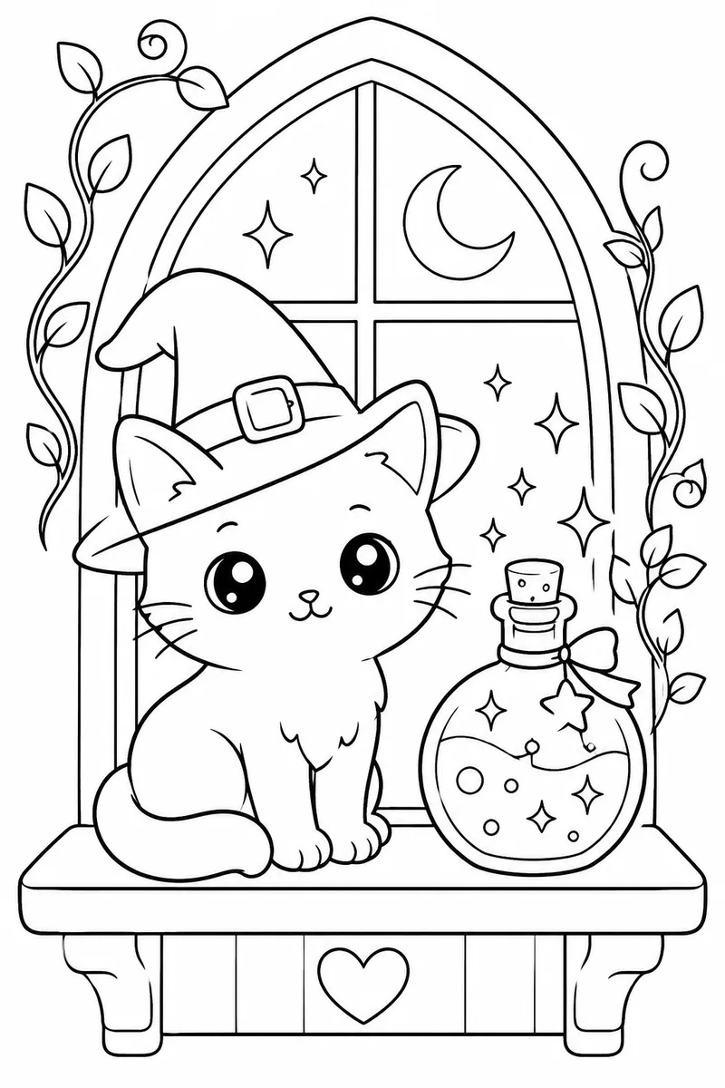 Halloween Cat Color Page – Cute Cat in a Witch Hat by a Potion Bottle