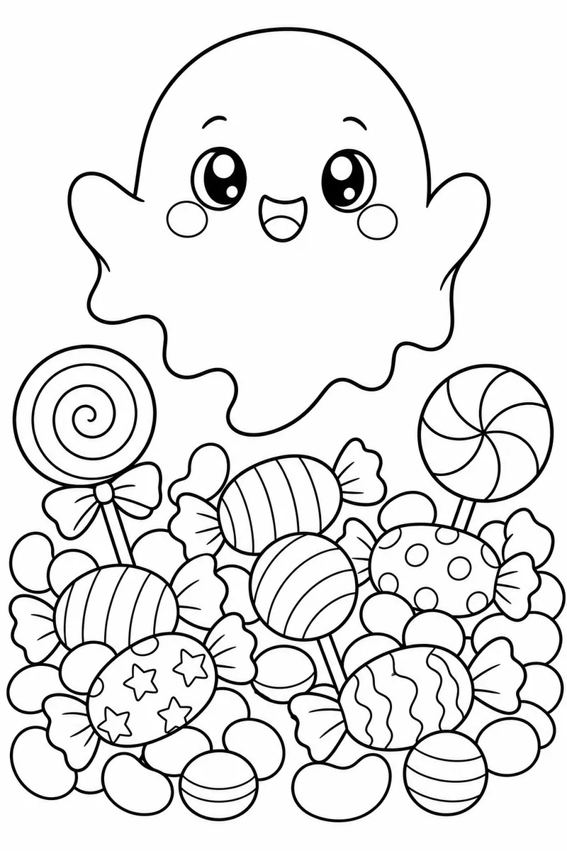 Halloween Squishmallow Coloring Pages – Chubby Ghost with Candy