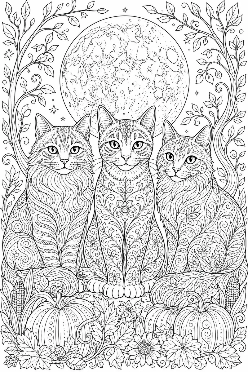 Coloring Pages of Halloween Cats – Three Patterned Cats Under a Harvest Moon