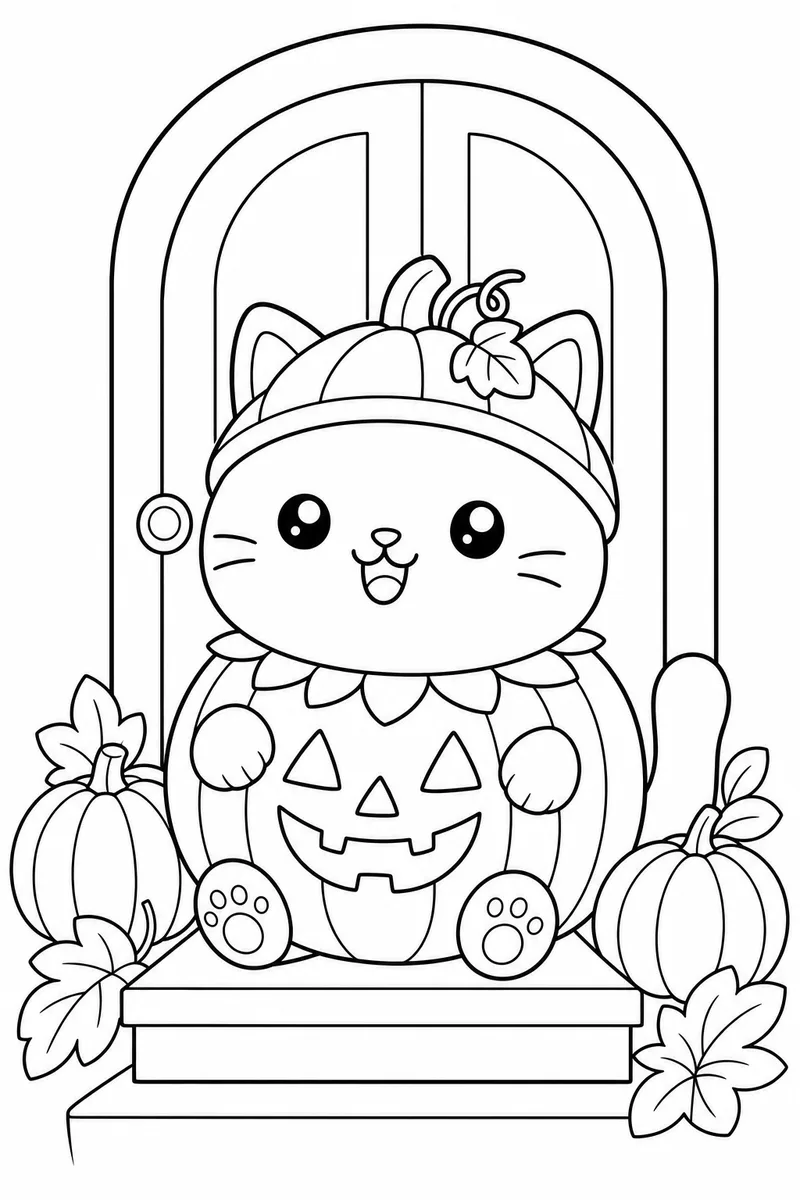 Cute Halloween Coloring Pages for Adults – Kawaii Cat in a Pumpkin Costume on a Doorstep