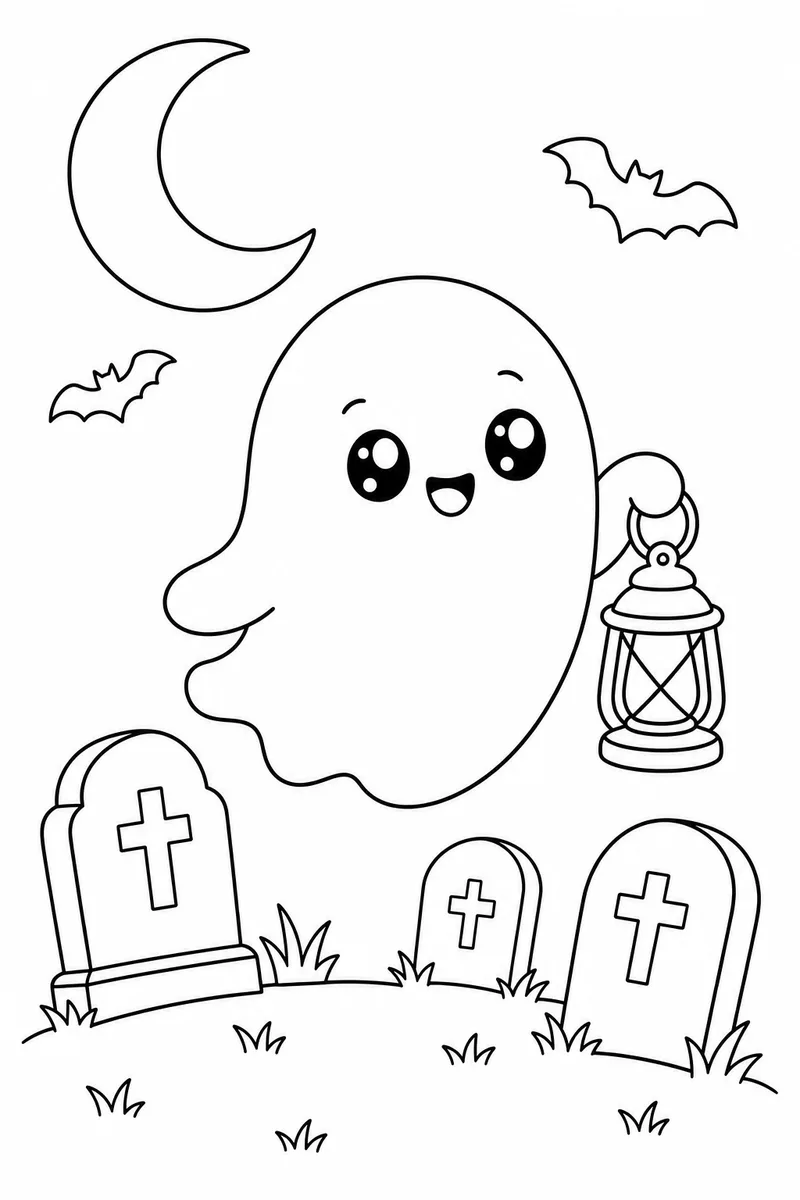 Halloween Ghost Coloring Pages – Cute Chubby Ghost with Lantern in Moonlit Graveyard