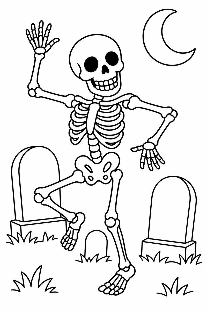 Halloween Coloring Pages Skeleton – Dancing Skeleton in a Moonlit Graveyard