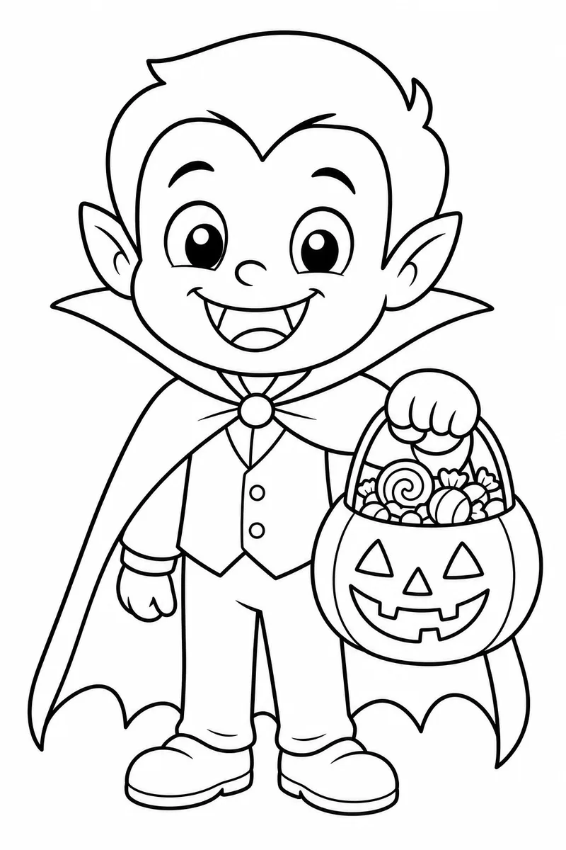 Easy Kid Halloween Coloring Pages – Cartoon Vampire Child with Cape and Candy Bag