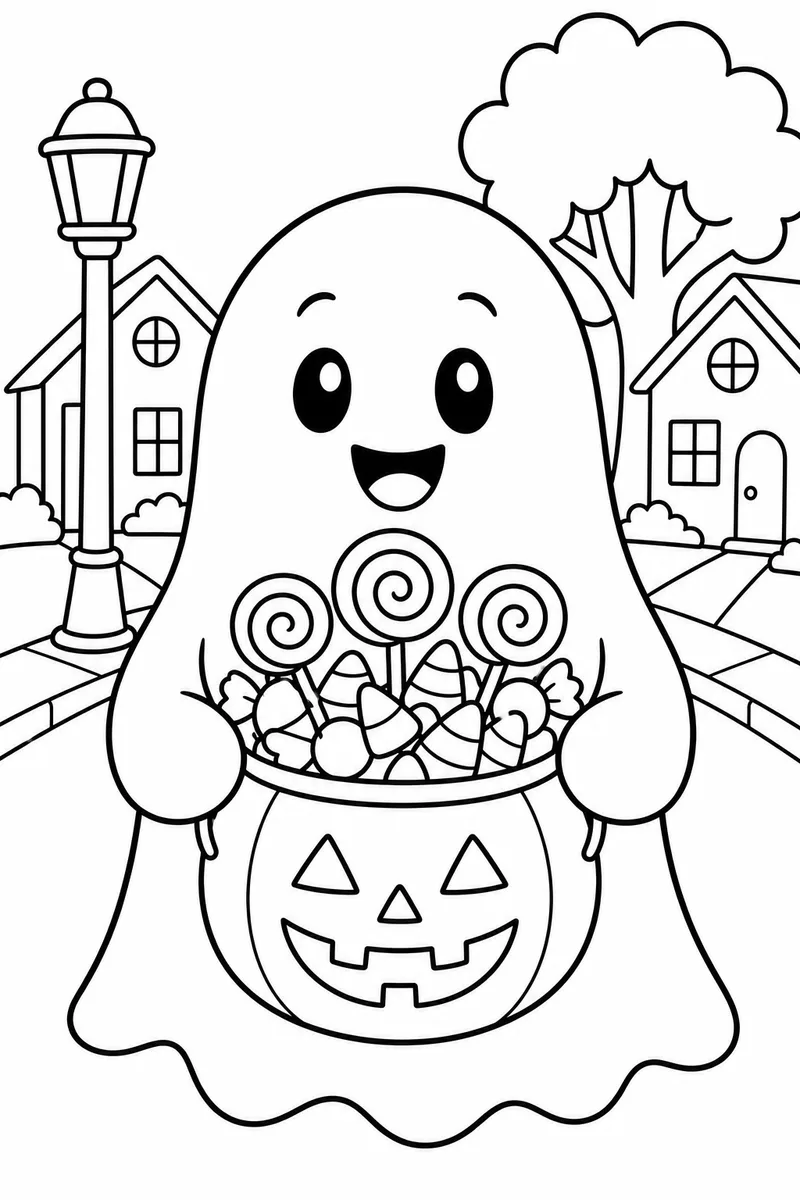 Easy Halloween Coloring Pages – Friendly Ghost with a Candy Bucket