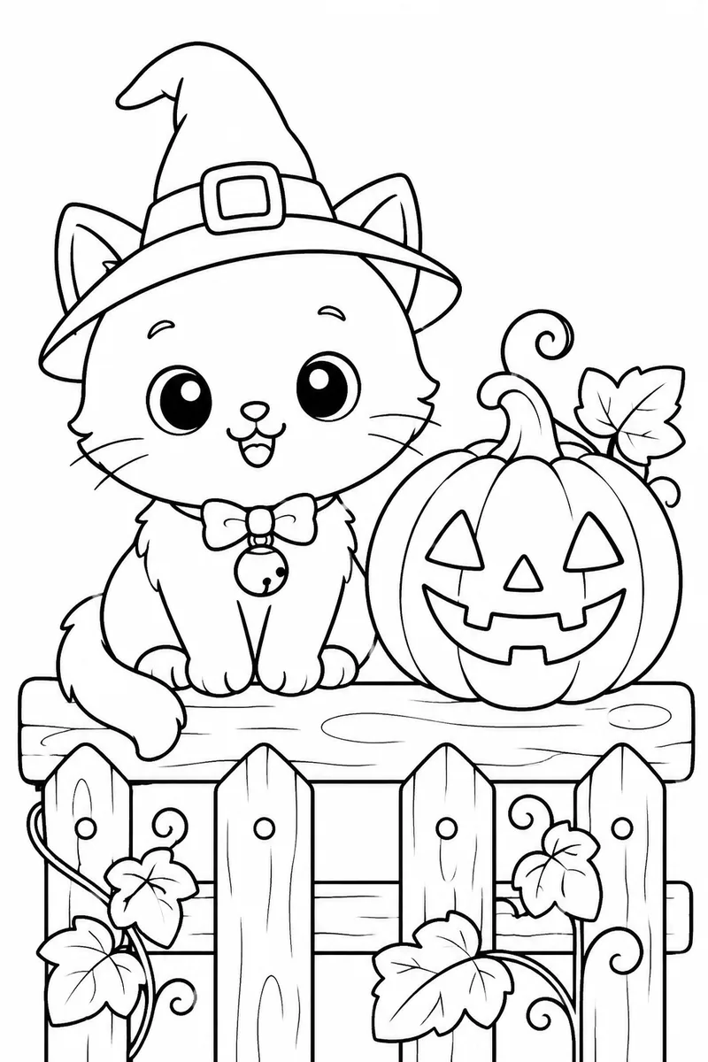 Halloween Kitty Coloring Pages – Round-Faced Kitten in a Witch Hat by a Jack-o-Lantern