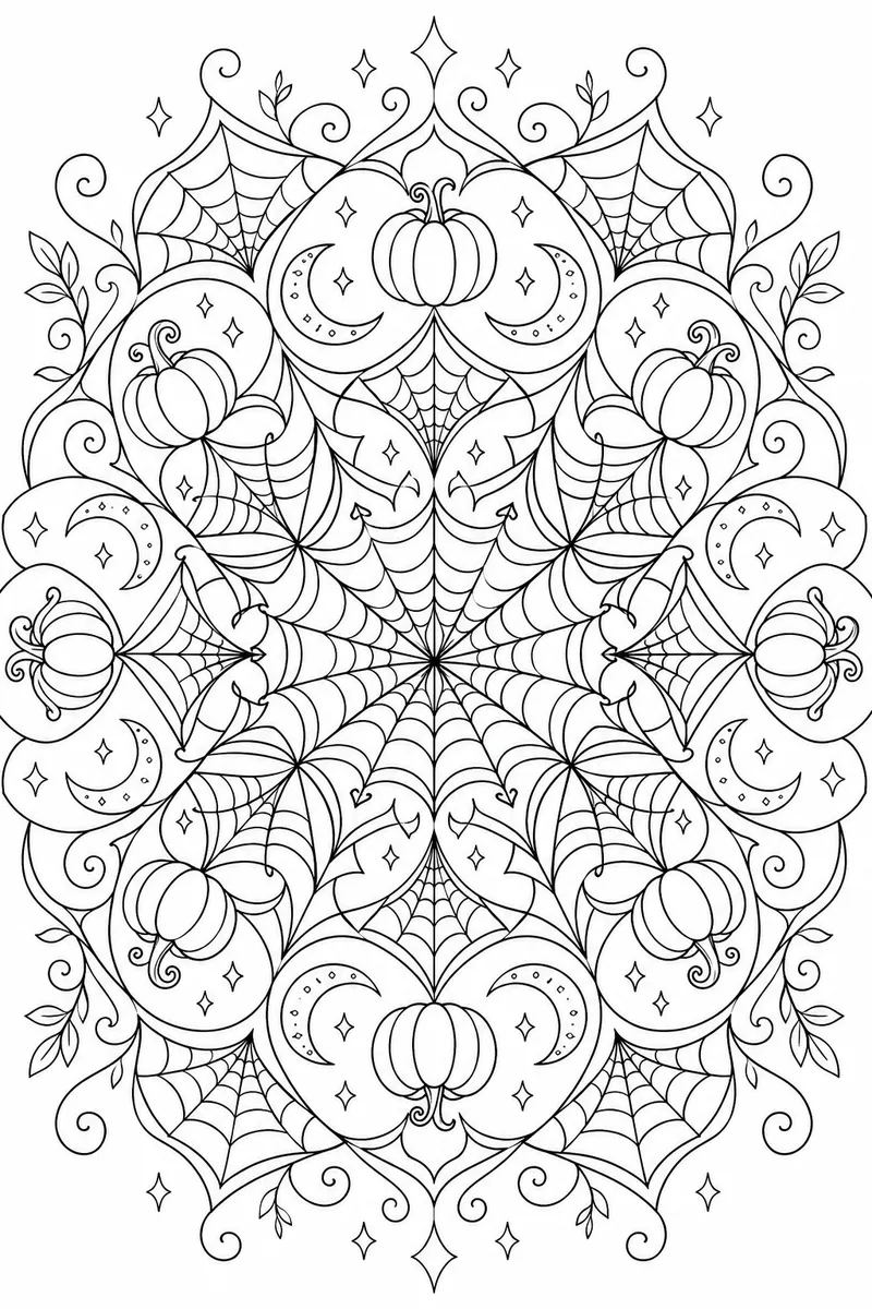 Halloween Mandala Coloring Pages – Symmetrical Spider Web and Pumpkin Mandala Design