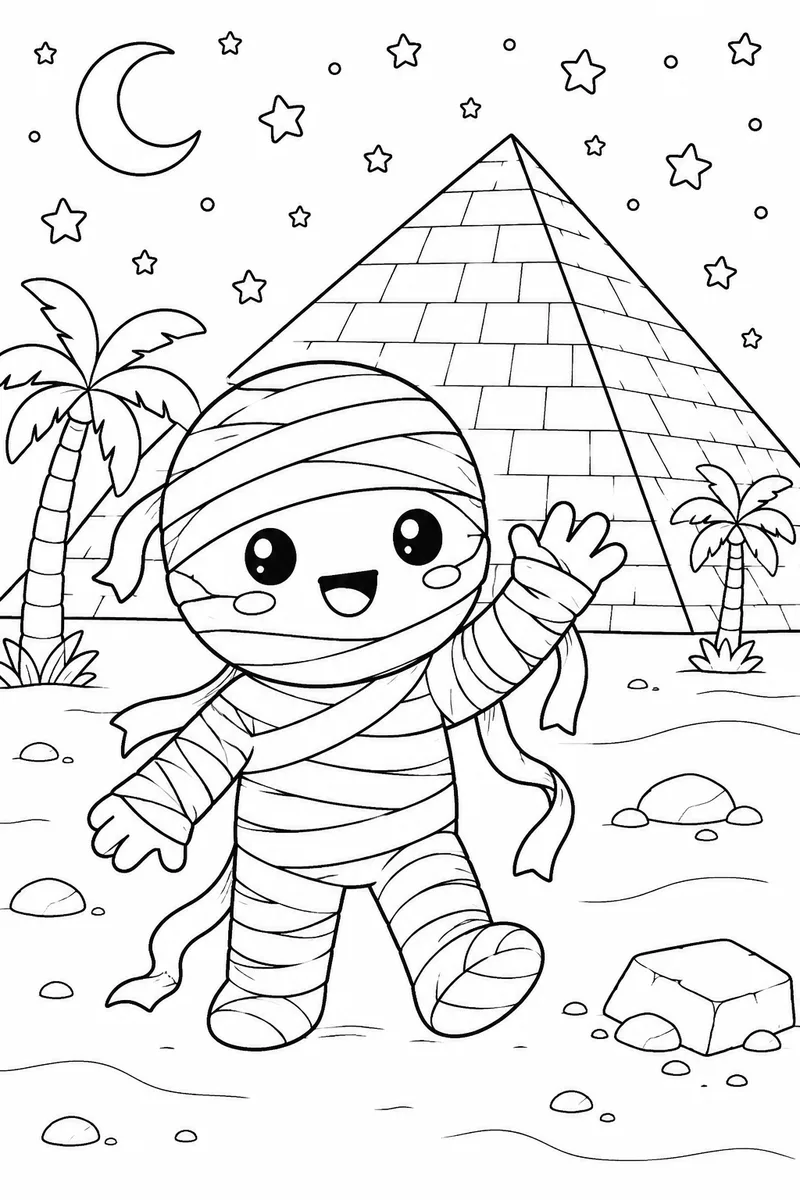 Happy Halloween Coloring Pages – Friendly Mummy Waving by a Pyramid