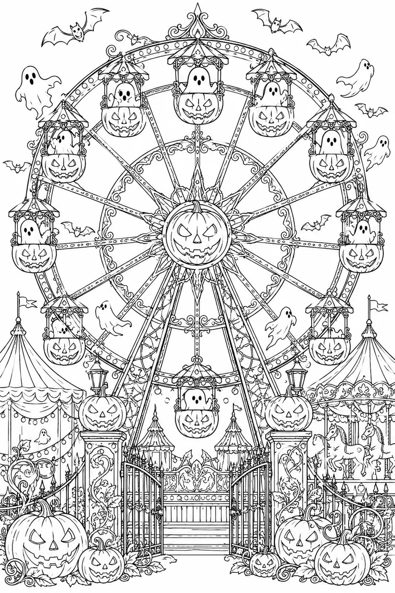 Haunted Halloween Carnival Ferris Wheel Coloring Page