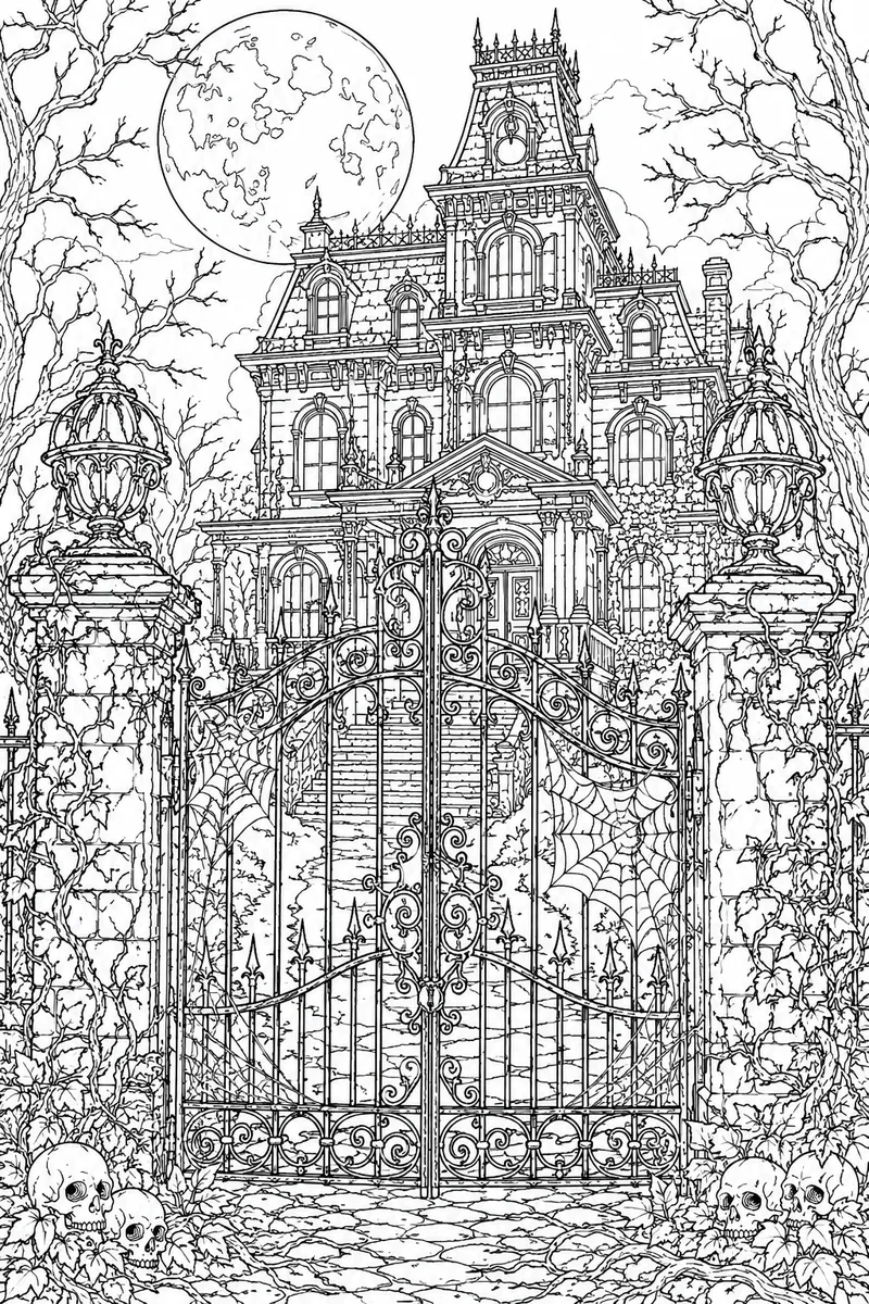 Spooky Halloween Coloring Pages – Haunted Mansion Behind an Iron Gate