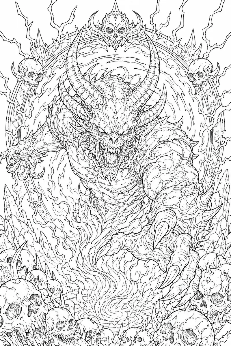 Horror Scary Halloween Coloring Pages – Horned Demon Emerging from a Swirling Portal