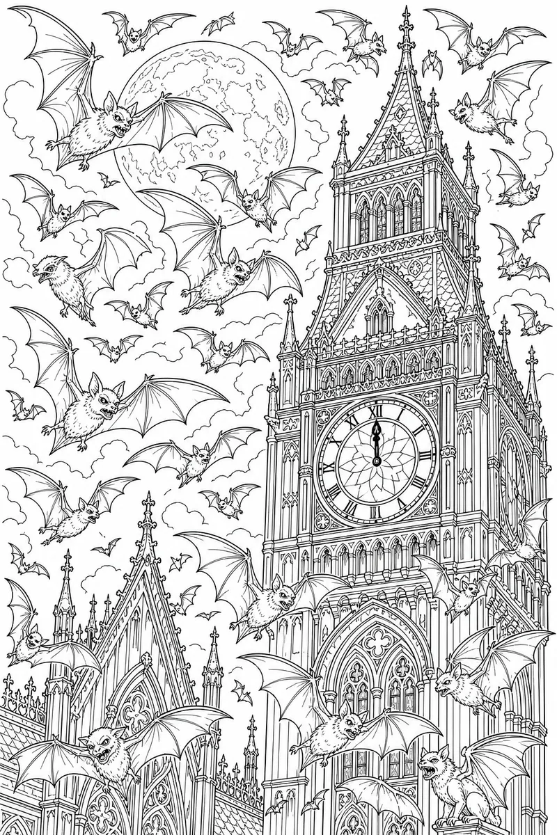 Halloween Adult Coloring Pages – Dense Bat Colony Around a Gothic Clock Tower