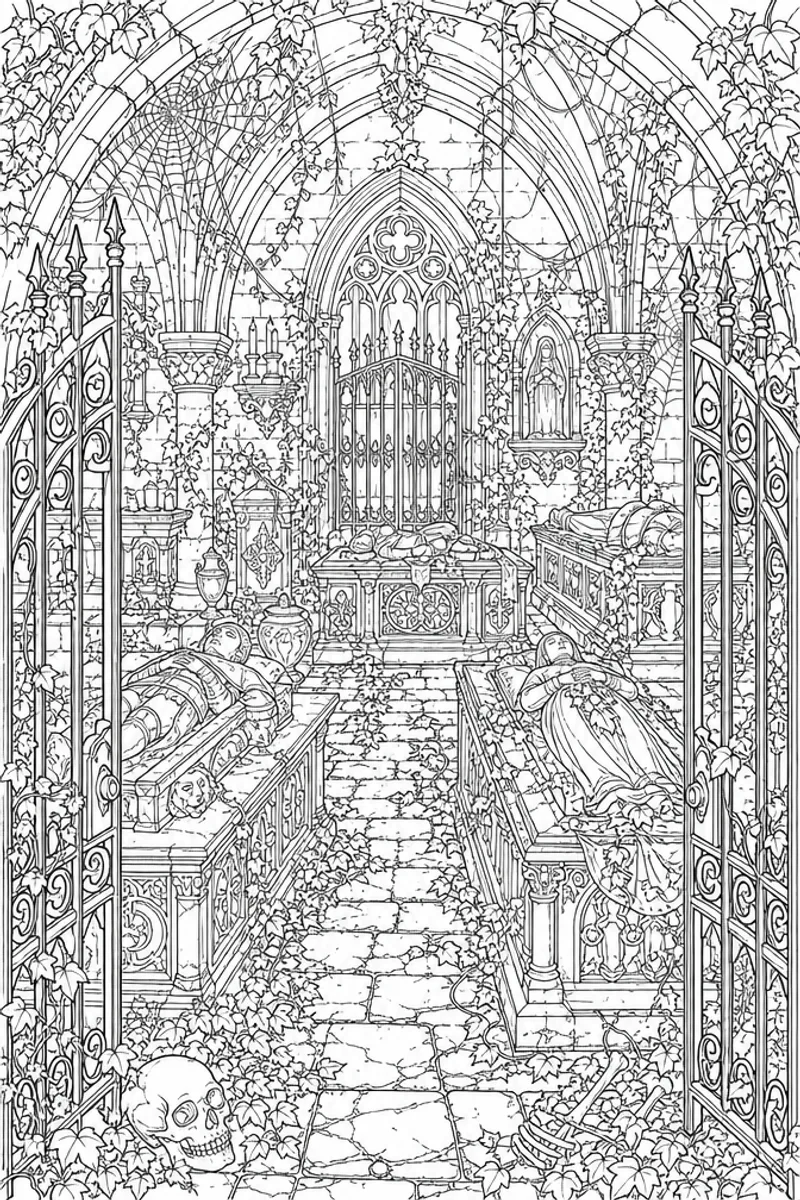 Difficult Halloween Coloring Pages – Densely Detailed Crypt Interior with Iron Gates and Cobwebs