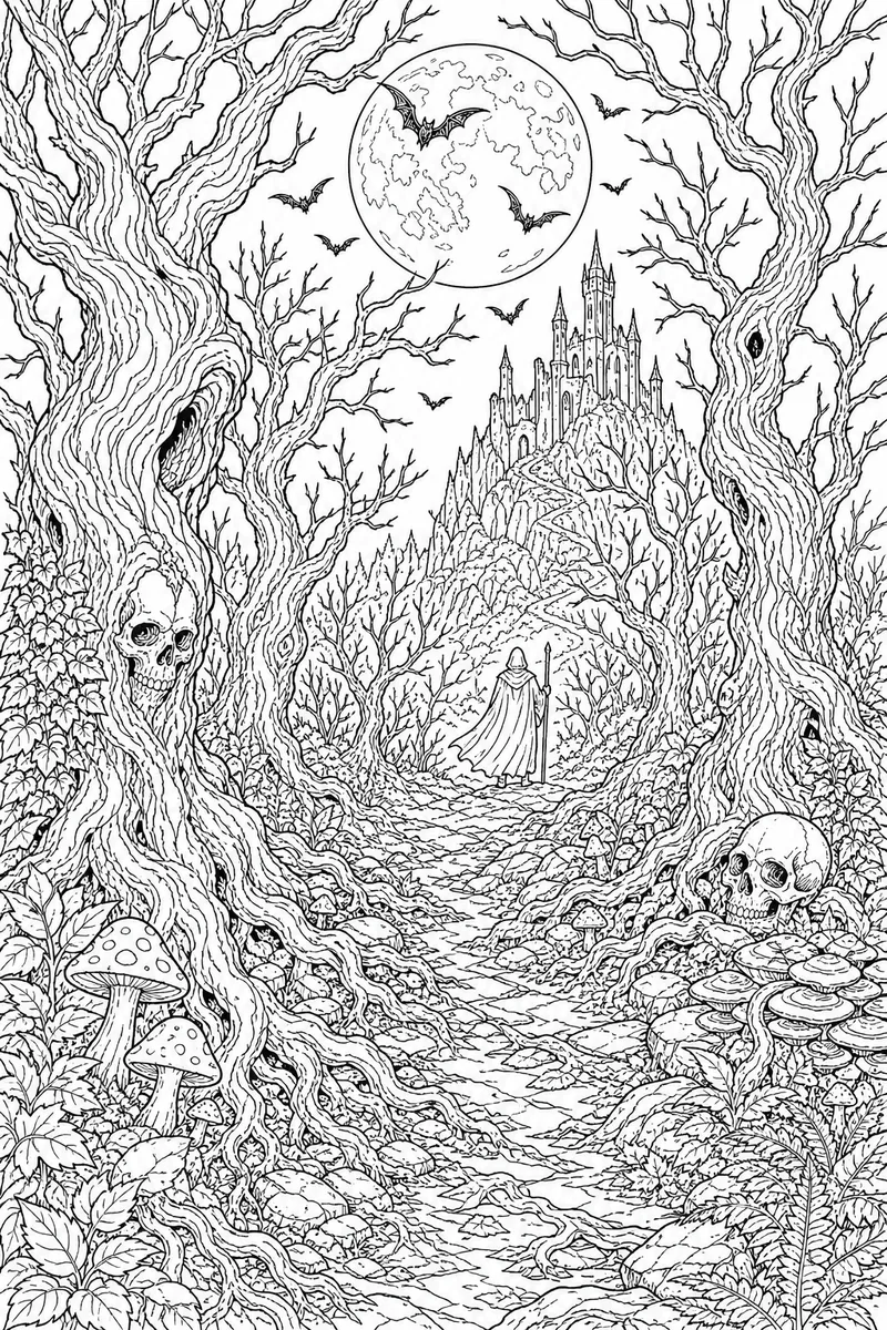 Spooky Halloween Coloring Pages for Adults – Intricate Haunted Forest with Full Moon