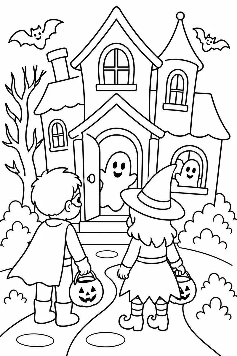 Free Halloween Coloring Pages for Kids – Two Children Trick-or-Treating at a Haunted House
