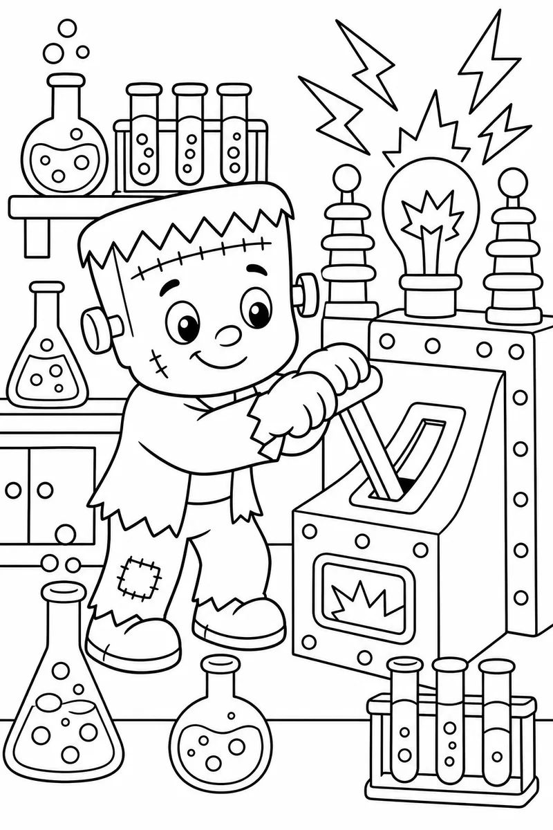 Kids Halloween Coloring Pages – Friendly Little Frankenstein in a Lab