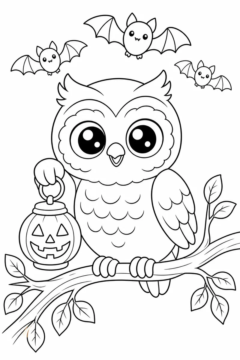 Owl with Jack-o-Lantern Halloween Coloring Page