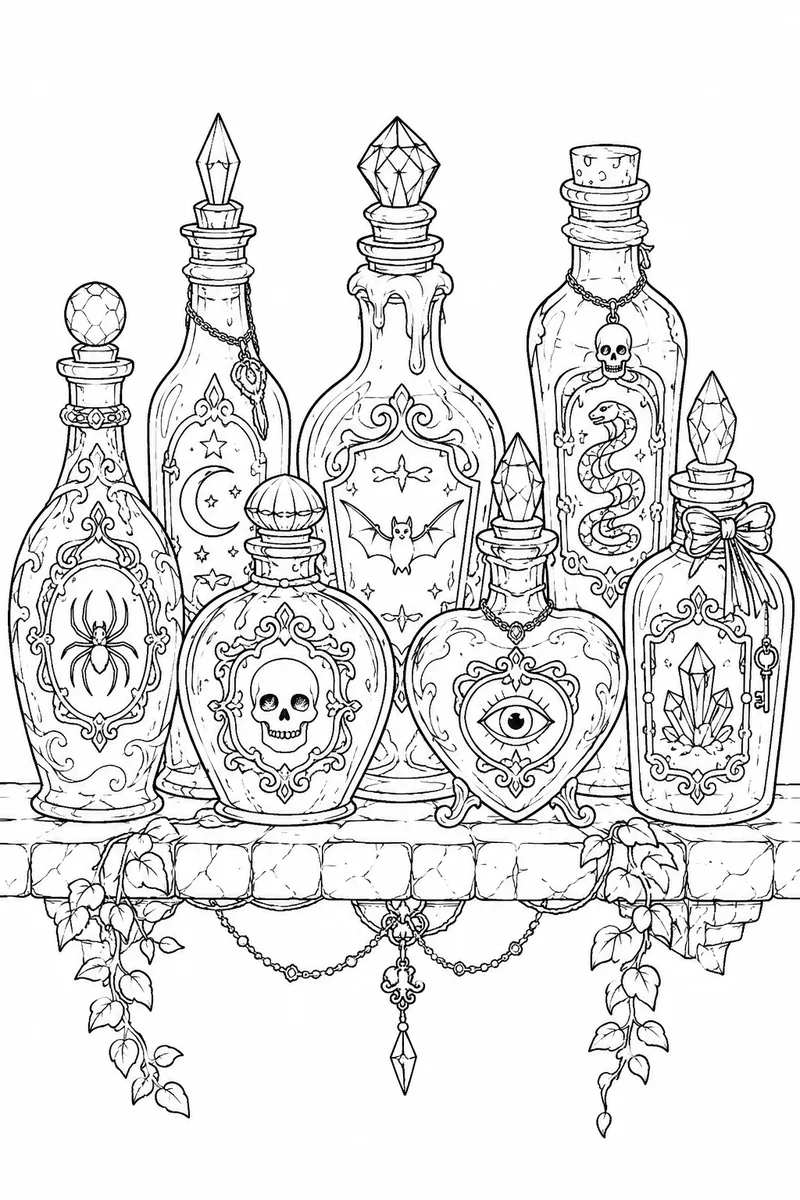 Decorative Halloween Potion Bottles Coloring Page