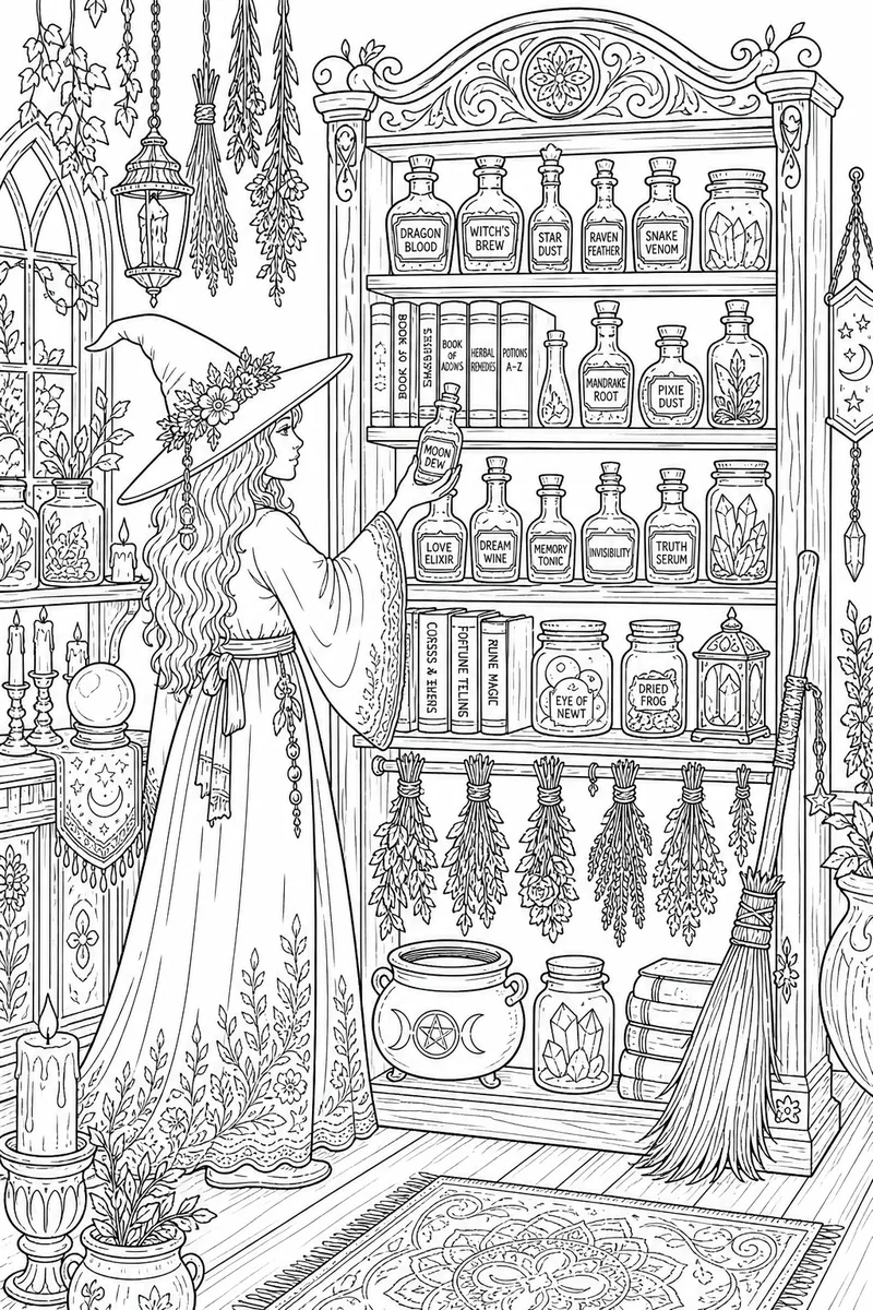 Witch Potion Shelf Coloring Page