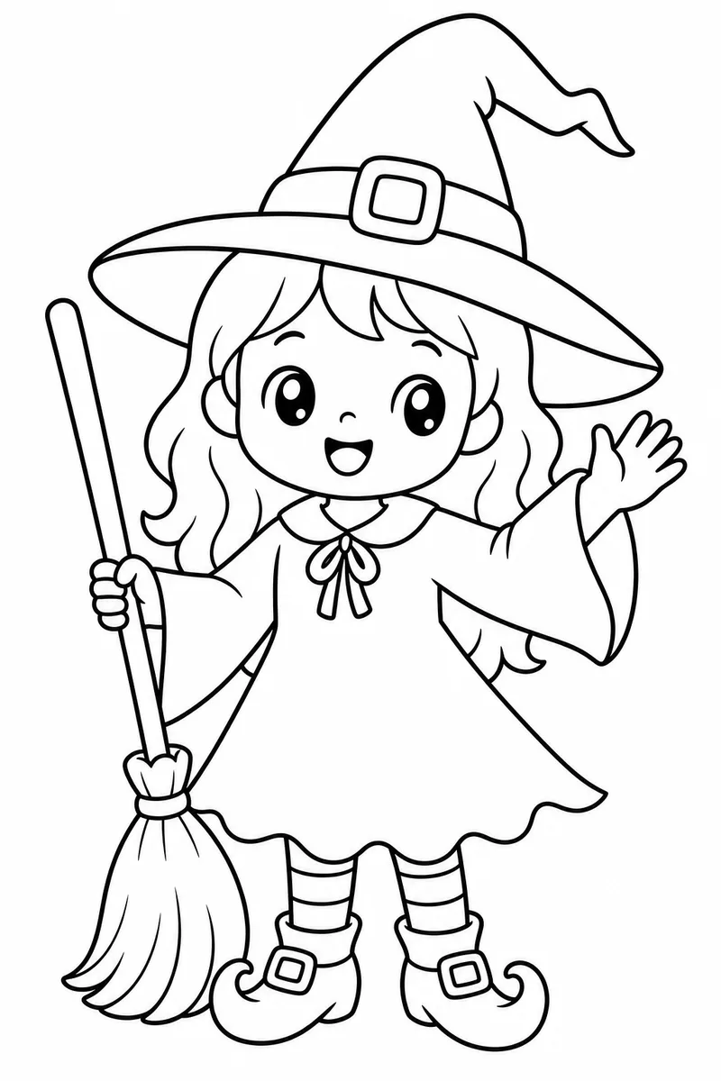 Halloween Coloring Pages for Preschool – Simple Smiling Witch Waving with a Big Hat and Broomstick